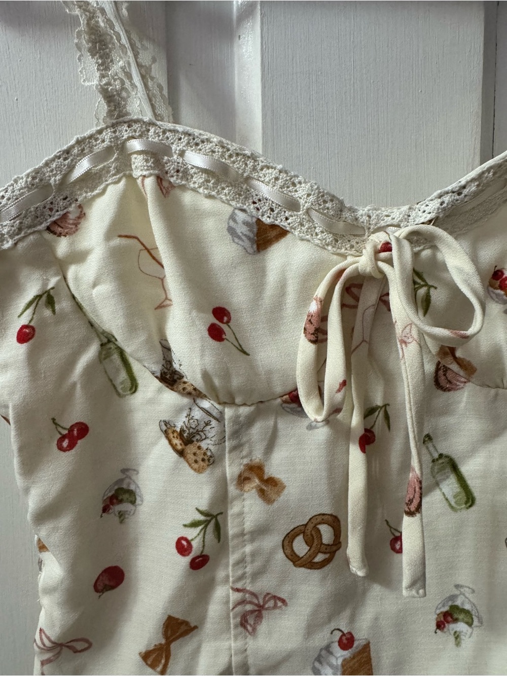 Cream Printed Lace-Trim Sleep Chemise with Bow Tie Accent